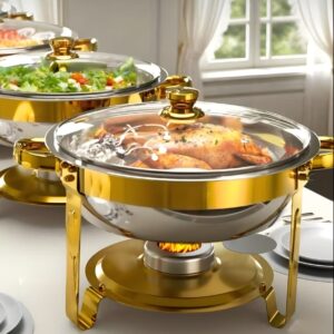 Chaffing dish round with glass lid and burner